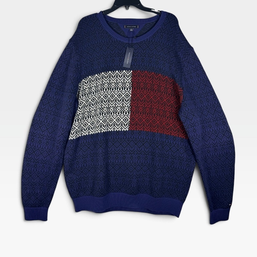 Tommy Hilfiger Sweater Fall Basics XXL Blue Red Geometric Colorblock NWT